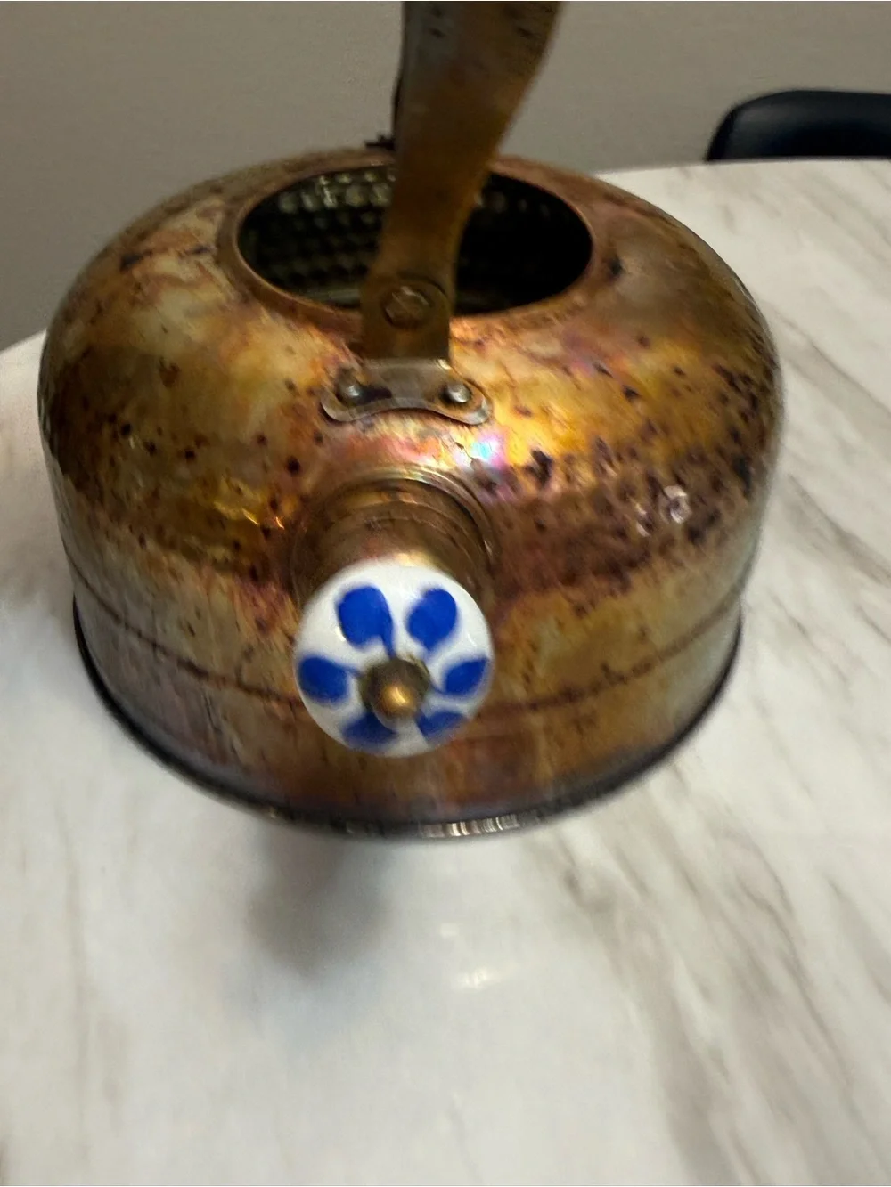 copper hammered tea kettle porcelain hand painted handle & lid knob